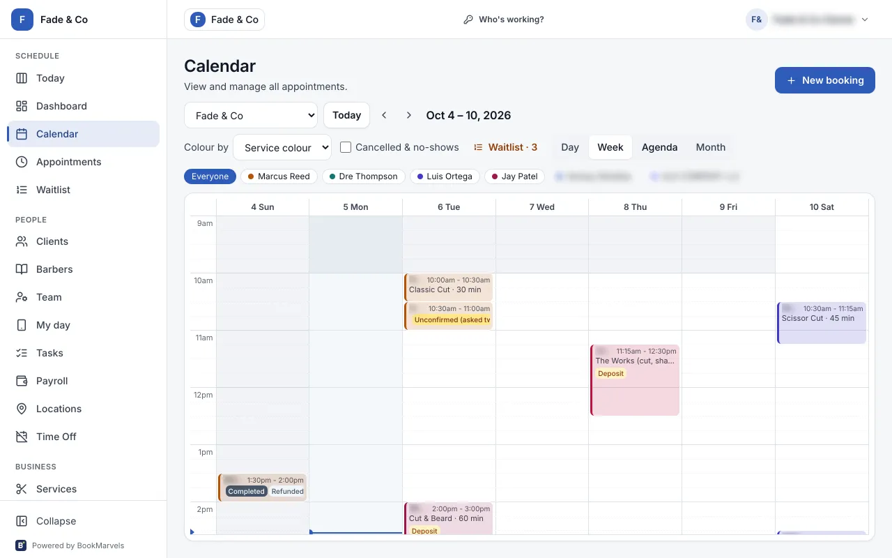 The calendar in week view with appointments coloured by service