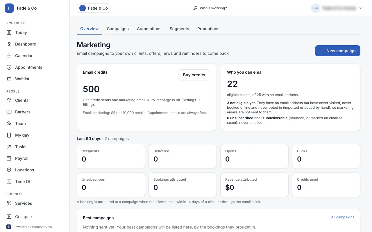 Marketing: email credits, who can be emailed, and the last 90 days of campaigns
