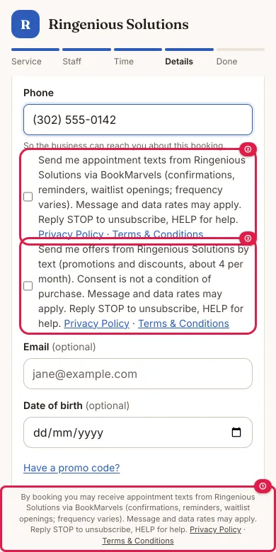Ringenious Solutions's booking form on a phone: the mobile number, then two unticked boxes, one for appointment texts and one for offers, and the notice at the bottom