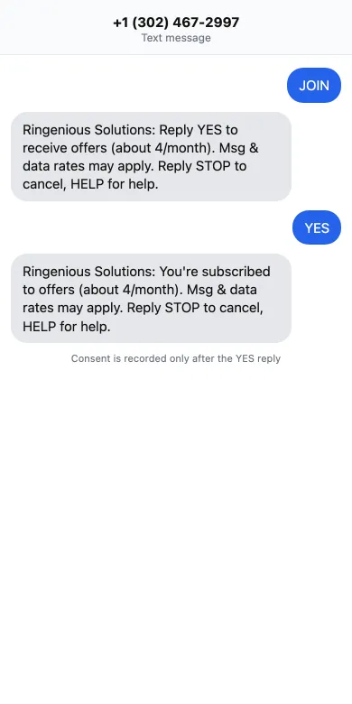 A text conversation: the client texts JOIN, Ringenious Solutions asks them to reply YES, they reply YES and get a confirmation