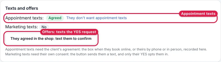 The client record in the BookMarvels dashboard: appointment texts, marketing texts, and the button that texts the client to confirm