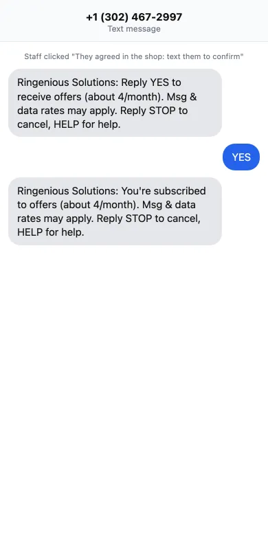 The client's phone: Ringenious Solutions asks them to reply YES, they reply YES and get a confirmation