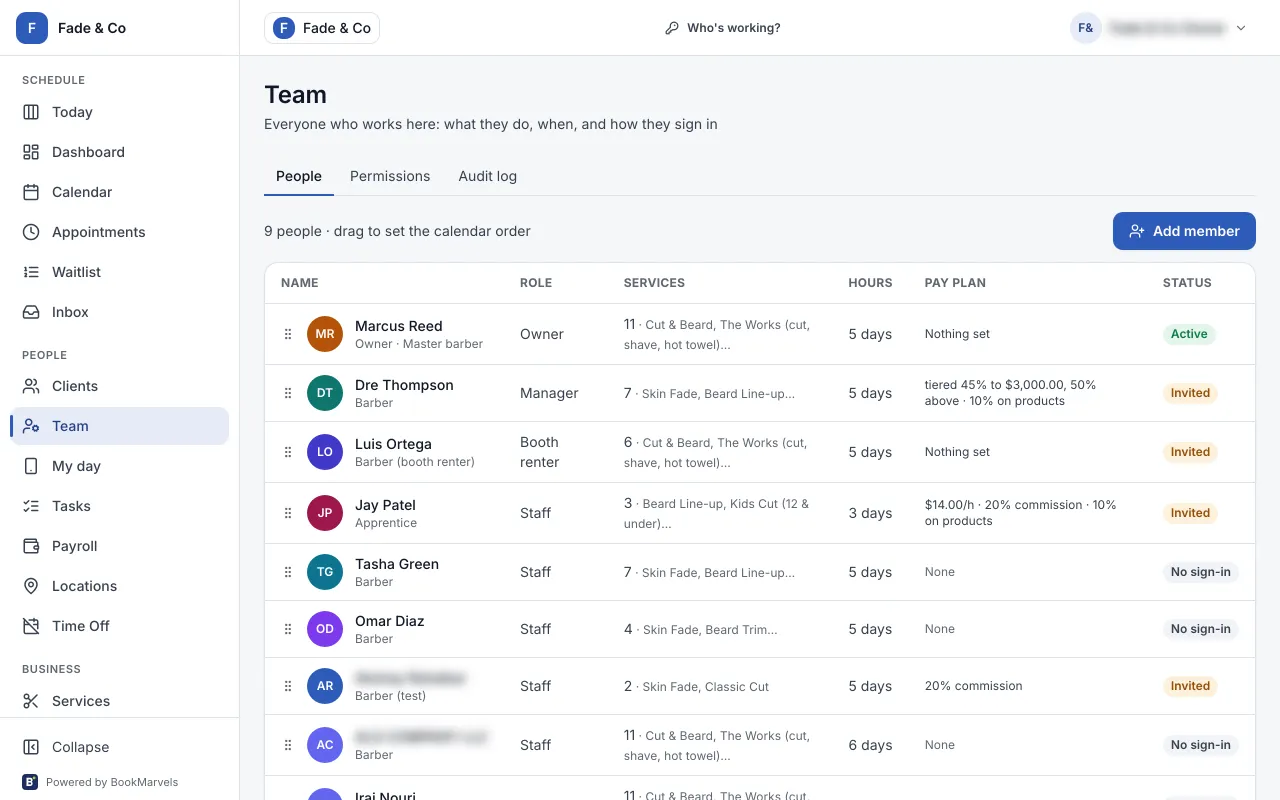 Team: each person's role, sign-in, PIN and whether their pay is set, with Add member